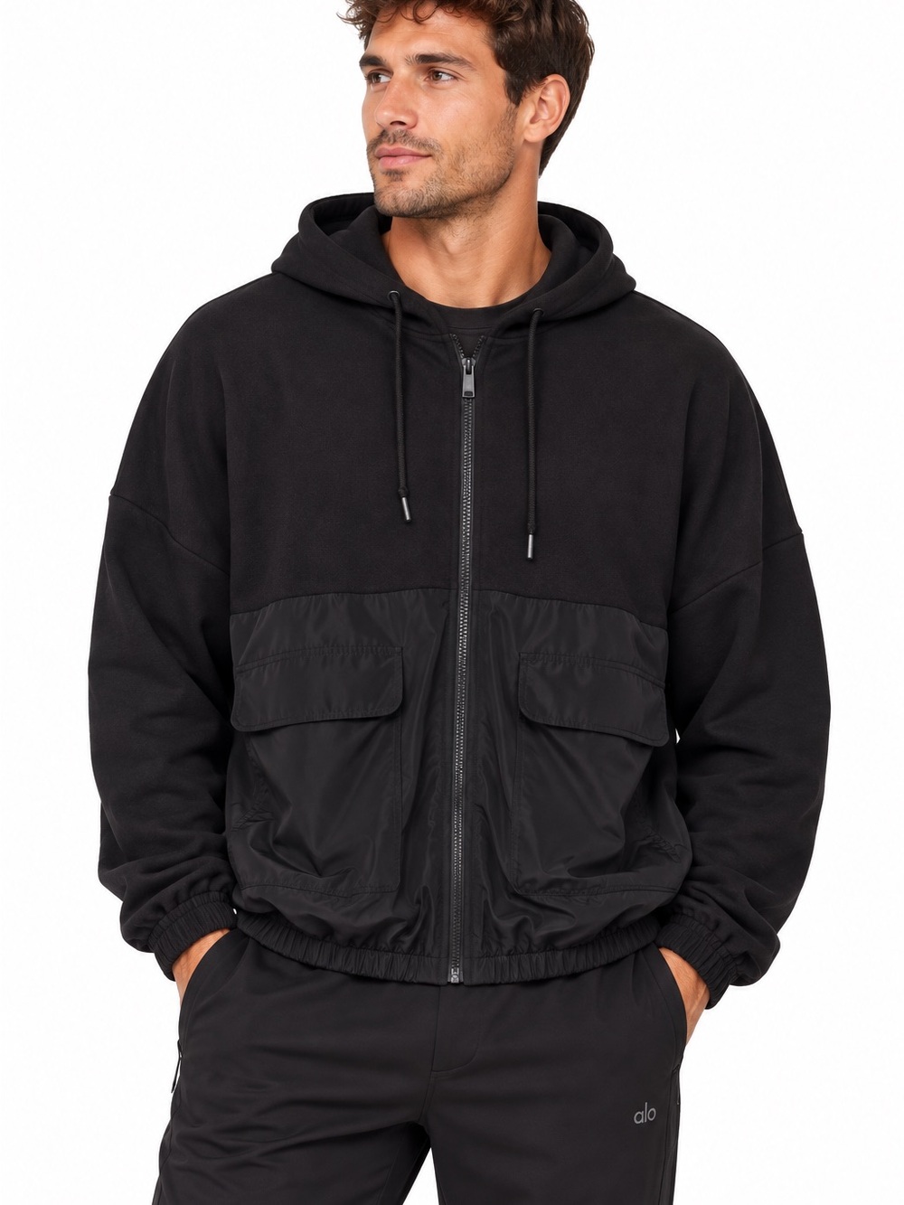 ALO Yoga Mixed Media Full Zip Cargo Hoodie Jacket Black Large